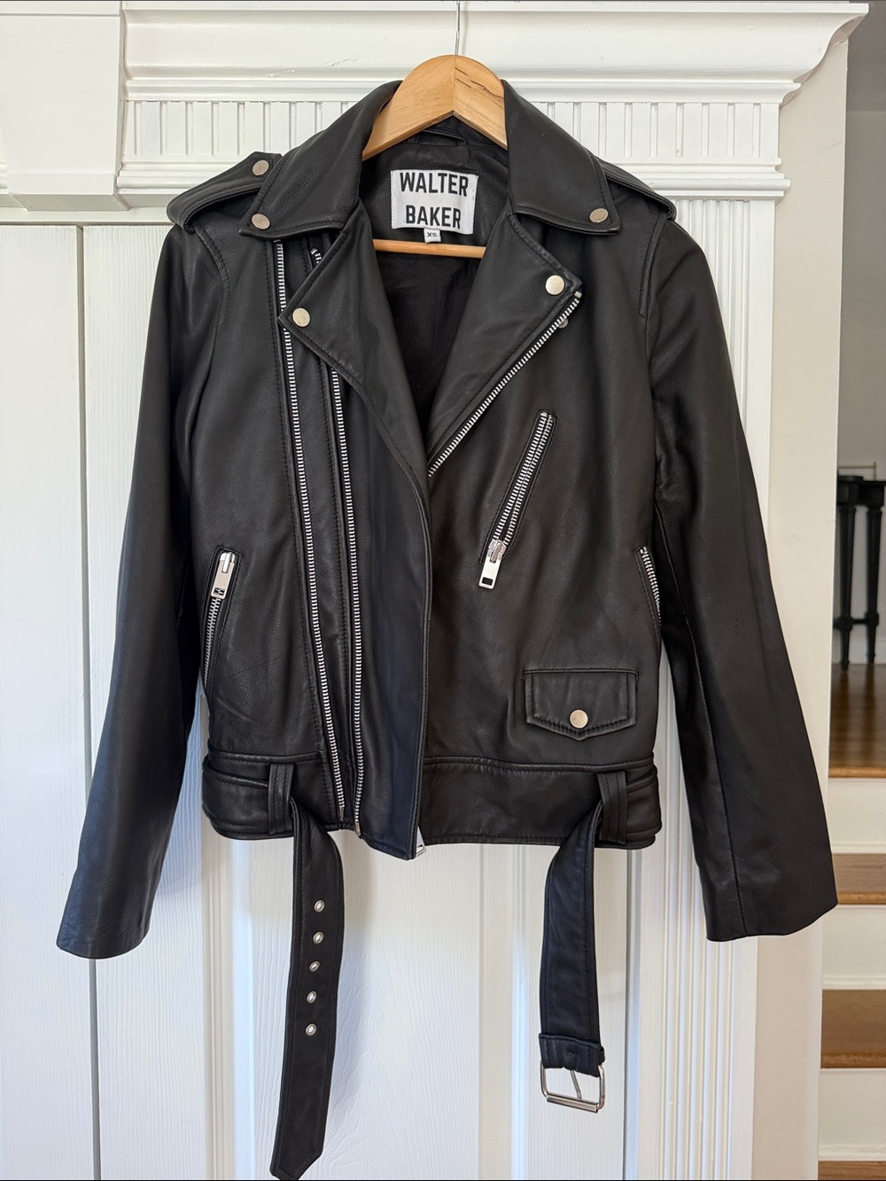 Walter Baker Black Leather Moto Biker Jacket with Belt